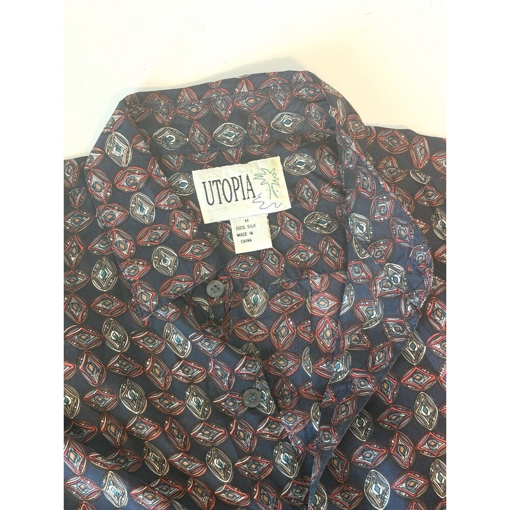 Vintage Utopia Mens M Silk Shirt Geometric Foulard Diamond Print 90s Short Sleev